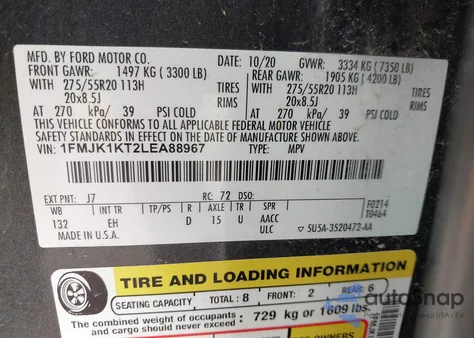 2020 Ford Expedition Limited Max из США, поврежденный, VIN 1FMJK1KT2LEA88967